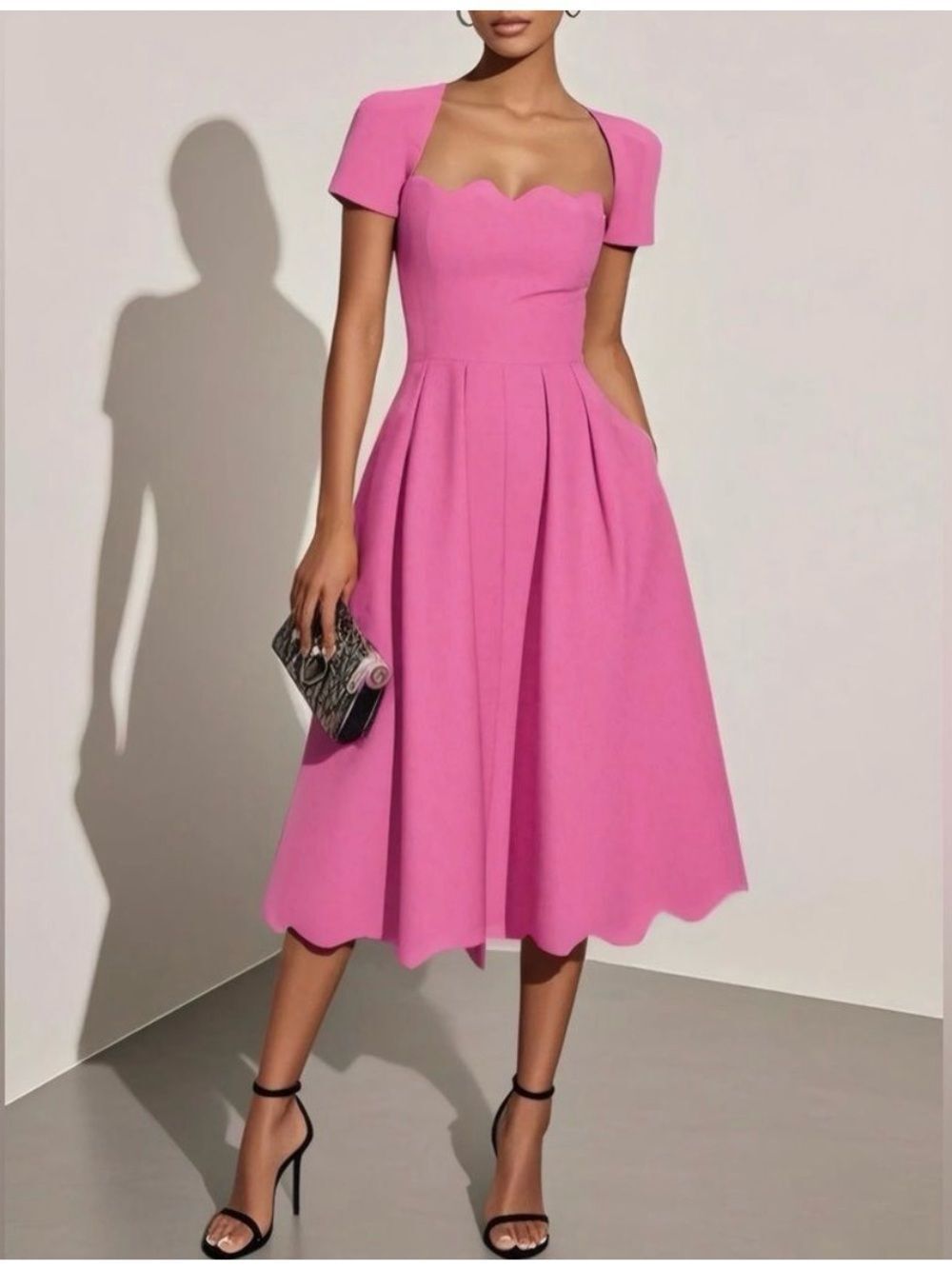 Fehaute Asymmetric Classic Scalloped Square Neck Short Sleeve A-Line Midi Dress